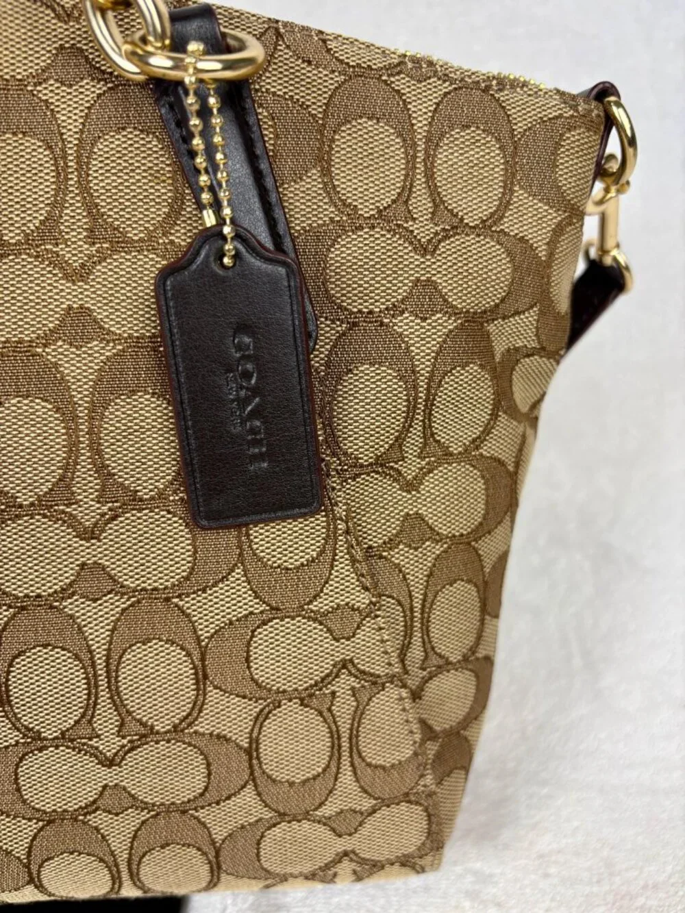 Coach Small Kelsey Satchel in Khaki Signature Jacquard, Leather Trim, Charm